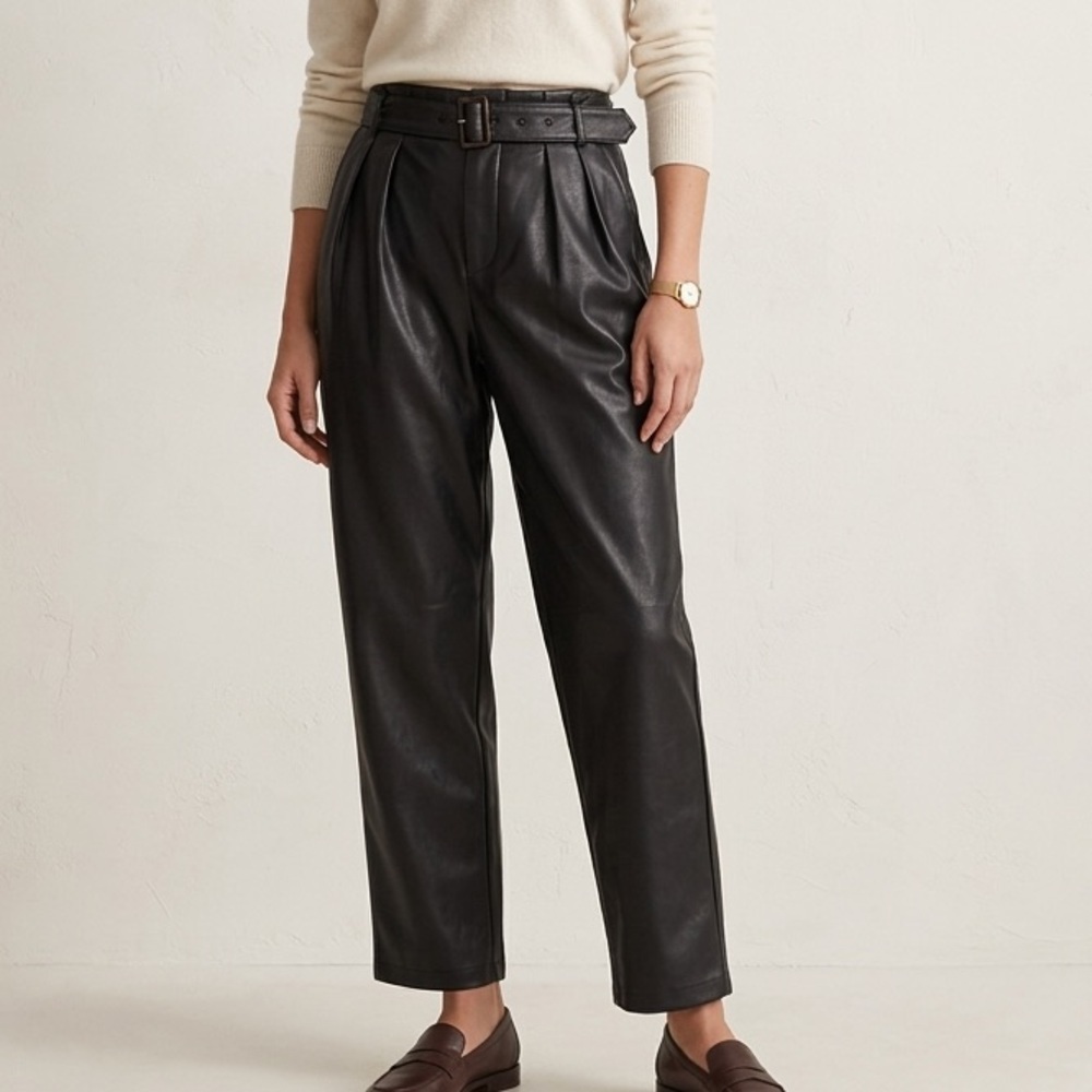 Who What Wear Black Faux Leather Belted Pleated Trousers Size 2 - Picture 2 of 7